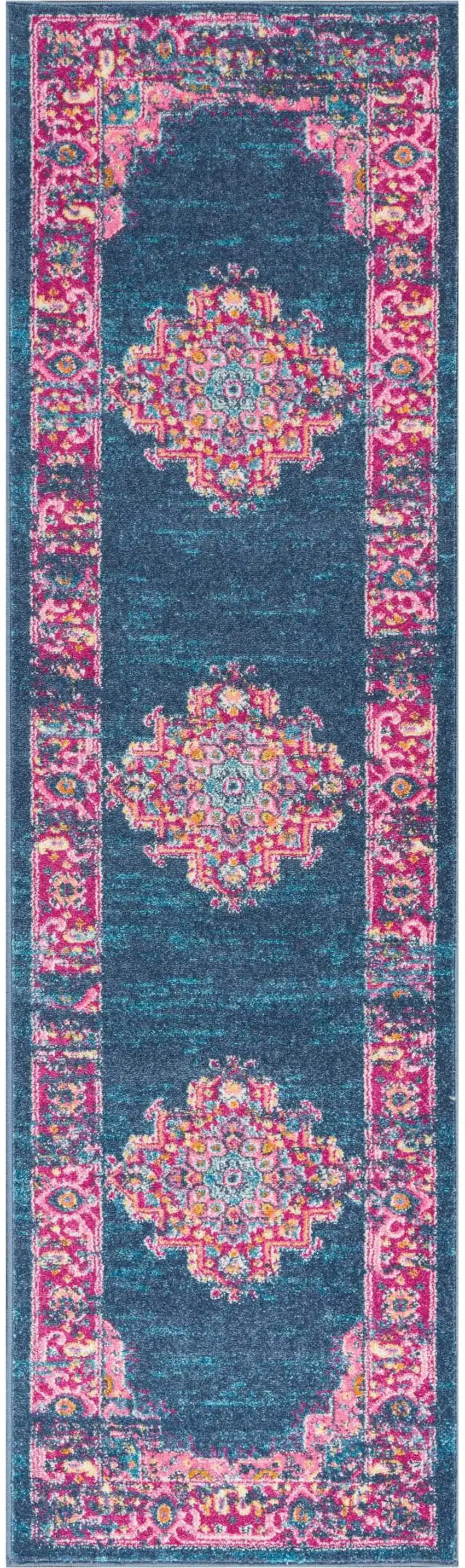 8' Blue And Pink Medallion Distressed Runner Rug Photo 3