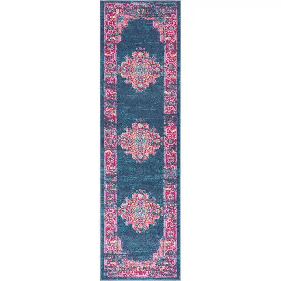 8' Blue And Pink Medallion Distressed Runner Rug Photo 3