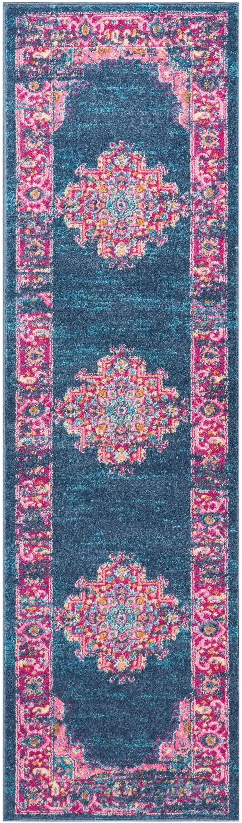 8' Blue And Pink Medallion Distressed Runner Rug Photo 8