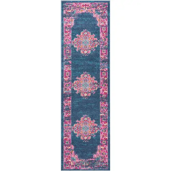 8' Blue And Pink Medallion Distressed Runner Rug Photo 8