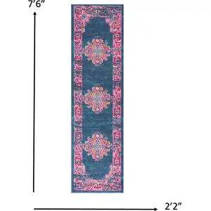 Photo of Blue and Pink Medallion Runner Rug