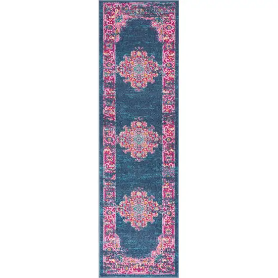 8' Blue And Pink Medallion Distressed Runner Rug Photo 8