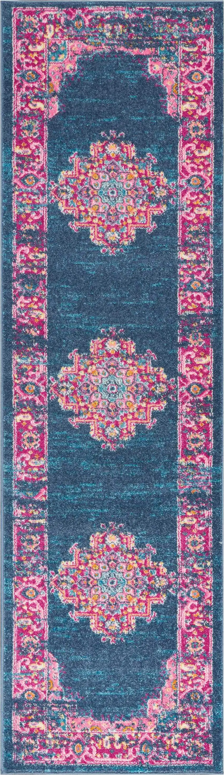 8' Blue And Pink Medallion Distressed Runner Rug Photo 8