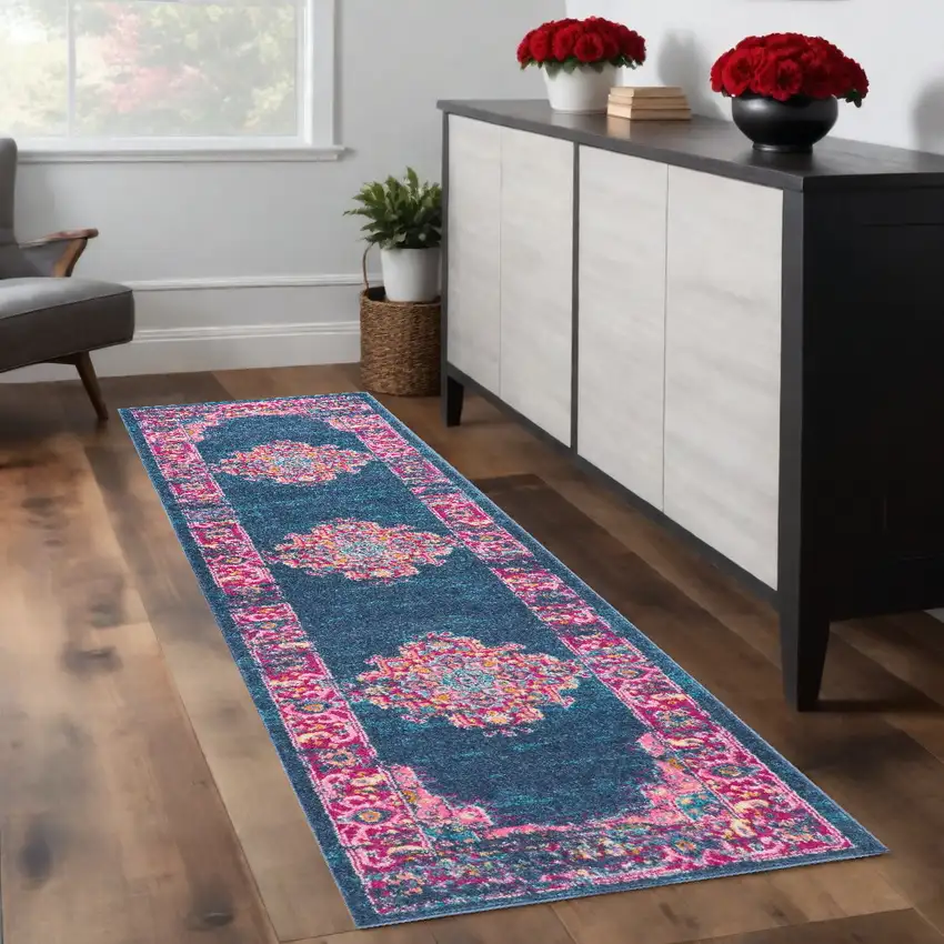 8' Blue Power Loom Runner Rug Photo 2