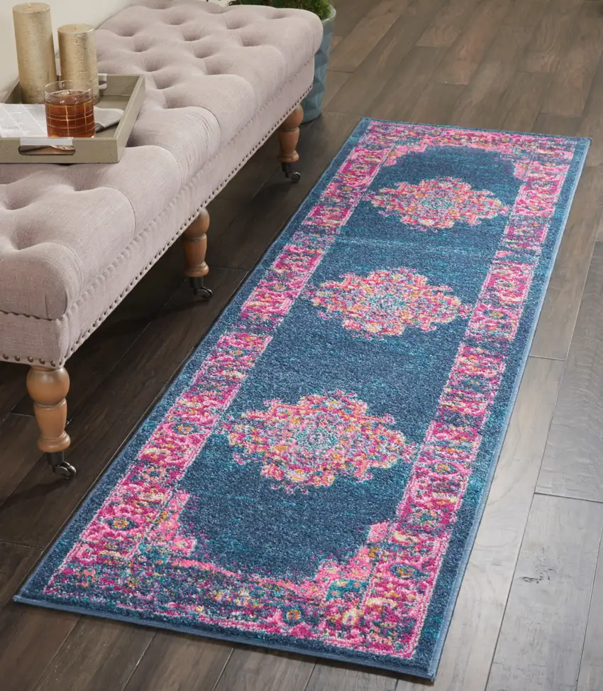 8' Blue And Pink Medallion Distressed Runner Rug Photo 4
