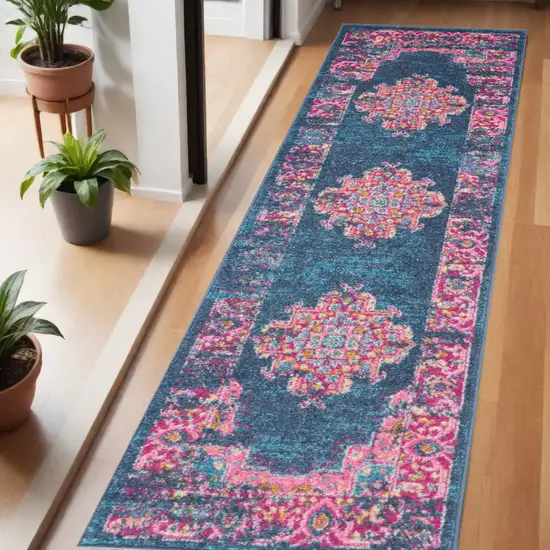 6' Blue And Pink Medallion Distressed Runner Rug Photo 2