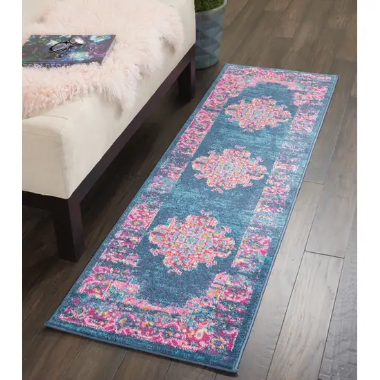 6' Blue And Pink Medallion Distressed Runner Rug Photo 5