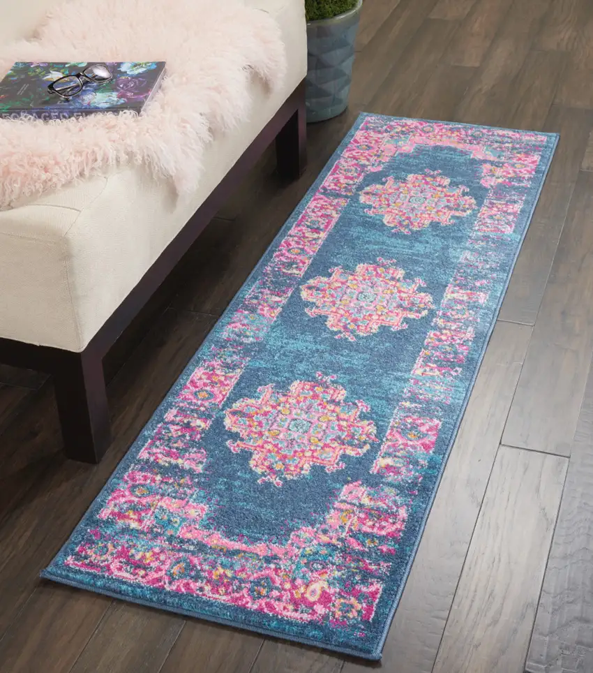 6' Blue And Pink Medallion Distressed Runner Rug Photo 5