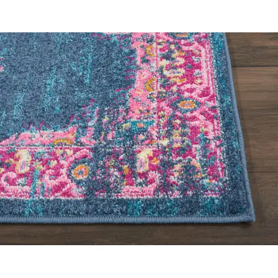 6' Blue And Pink Medallion Distressed Runner Rug Photo 9
