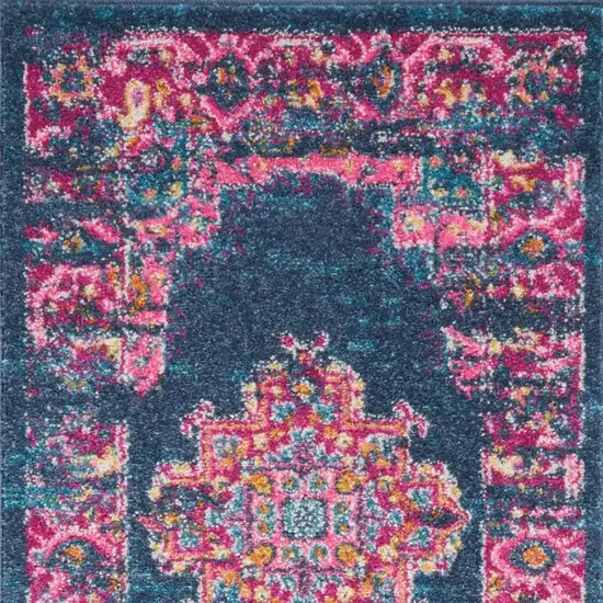 6' Blue And Pink Medallion Distressed Runner Rug Photo 4