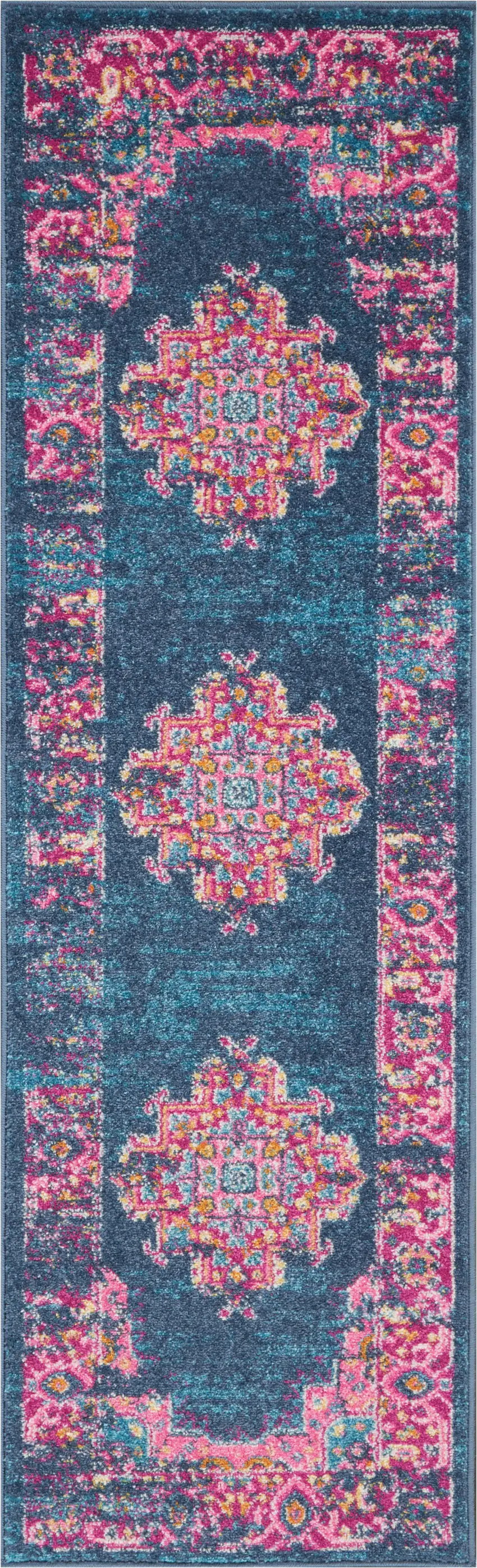 6' Blue And Pink Medallion Distressed Runner Rug Photo 1