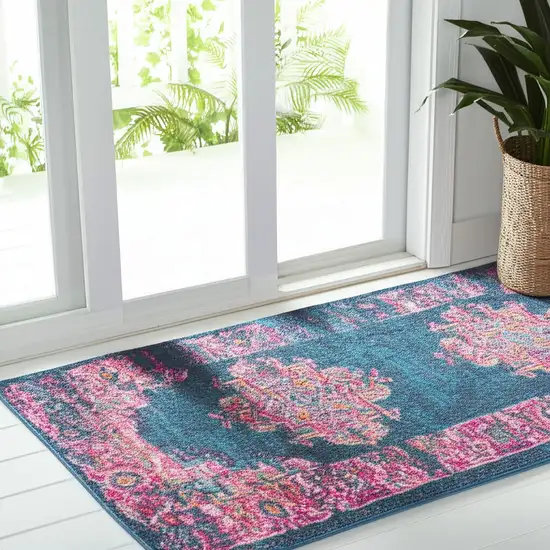 6' Blue And Pink Medallion Distressed Runner Rug Photo 1