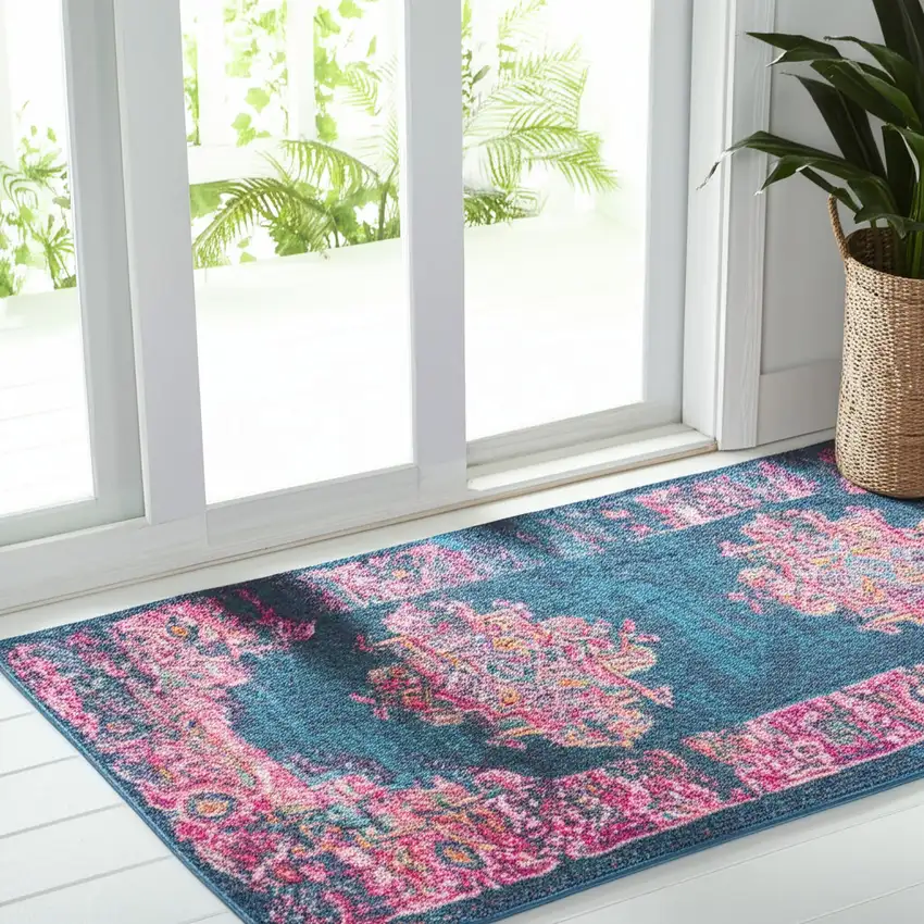 6' Blue And Pink Medallion Distressed Runner Rug Photo 1
