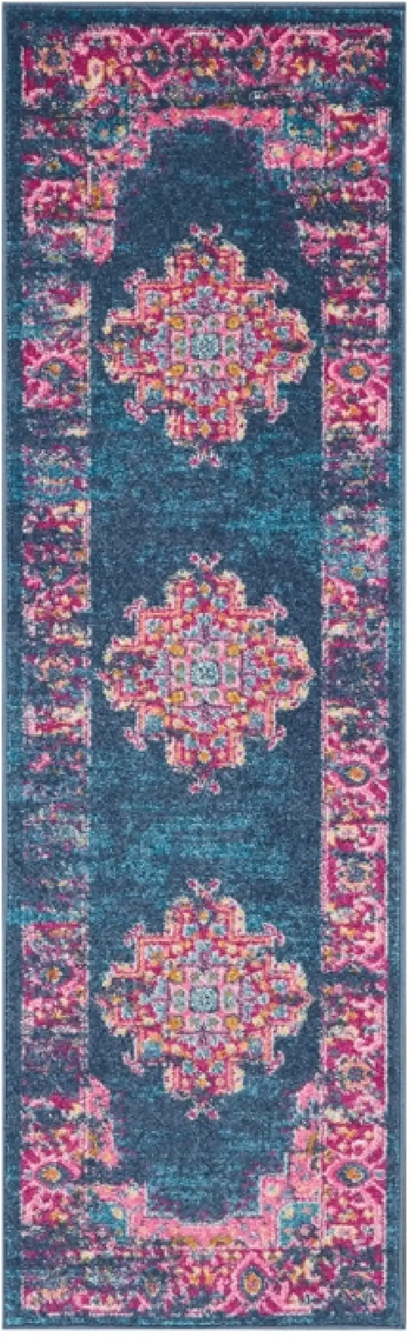 Blue and Pink Medallion Runner Rug Photo 3