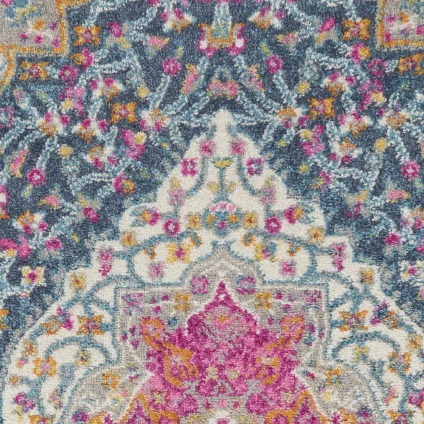 6' Blue And Ivory Medallion Distressed Runner Rug Photo 3