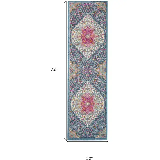 6' Blue And Ivory Medallion Distressed Runner Rug Photo 9