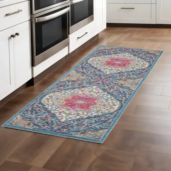 8' Blue And Ivory Medallion Distressed Runner Rug Photo 2