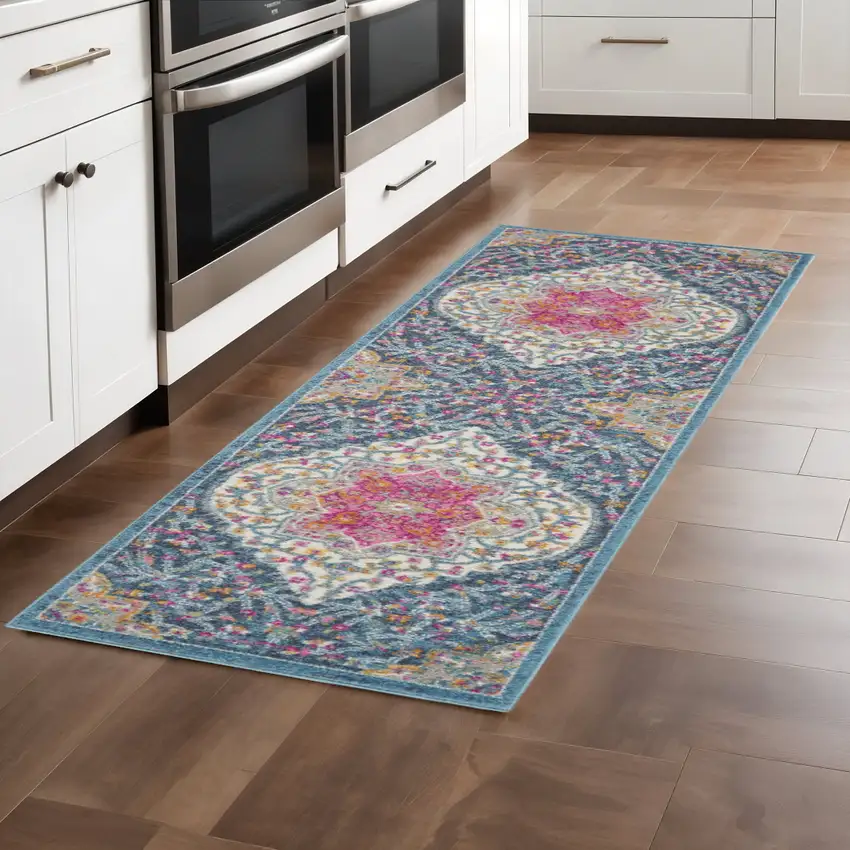 8' Blue And Ivory Medallion Distressed Runner Rug Photo 2