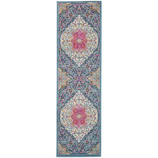 8' Blue And Ivory Medallion Distressed Runner Rug Photo 8