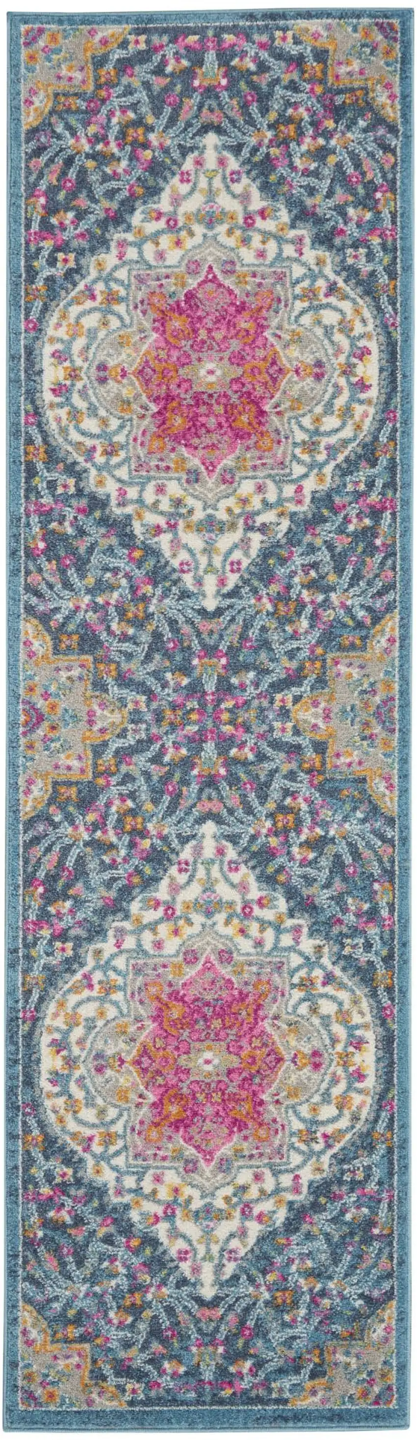 8' Blue And Ivory Medallion Distressed Runner Rug Photo 8
