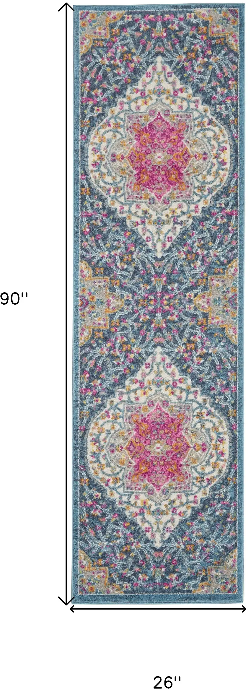 8' Blue And Ivory Medallion Distressed Runner Rug Photo 9