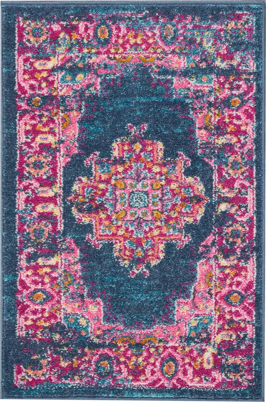 Blue And Pink Medallion Distressed Area Rug Photo 6