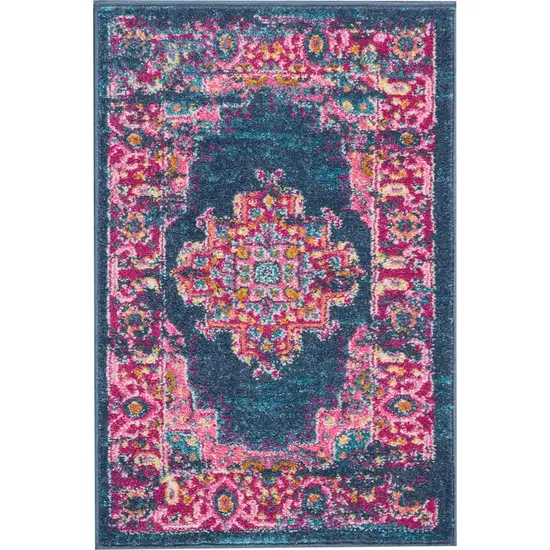 Blue And Pink Medallion Distressed Area Rug Photo 7