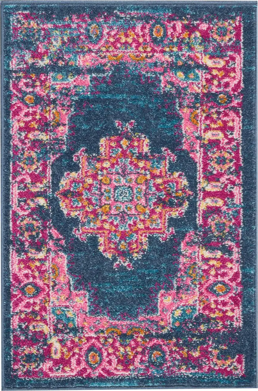 Blue And Pink Medallion Distressed Area Rug Photo 7