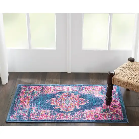 Blue And Pink Medallion Distressed Area Rug Photo 4