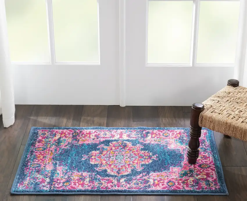 Blue And Pink Medallion Distressed Area Rug Photo 7