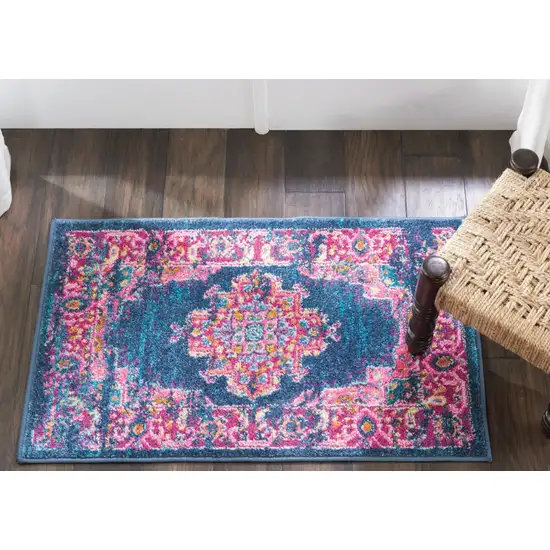 Blue And Pink Medallion Distressed Area Rug Photo 5