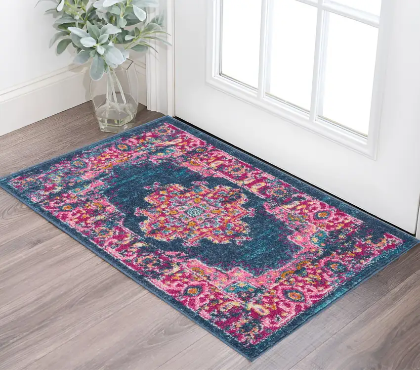 Blue And Pink Medallion Distressed Area Rug Photo 2