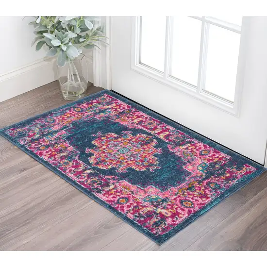 Blue And Pink Medallion Distressed Area Rug Photo 2