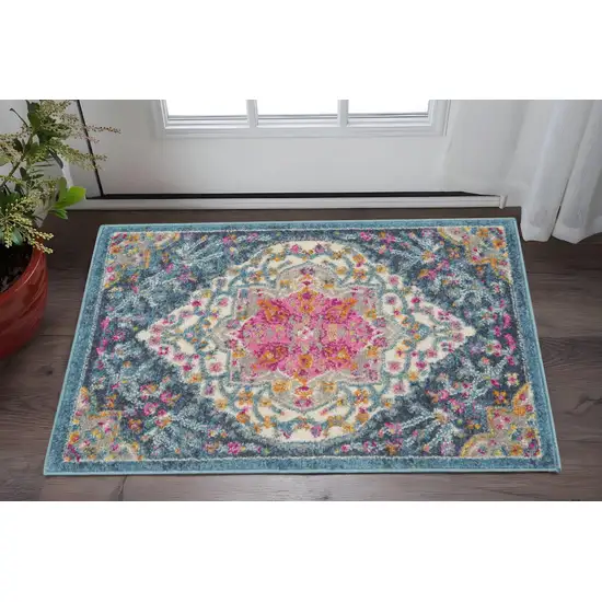 Blue And Ivory Medallion Distressed Area Rug Photo 2