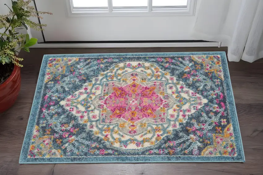 Blue And Ivory Medallion Distressed Area Rug Photo 2