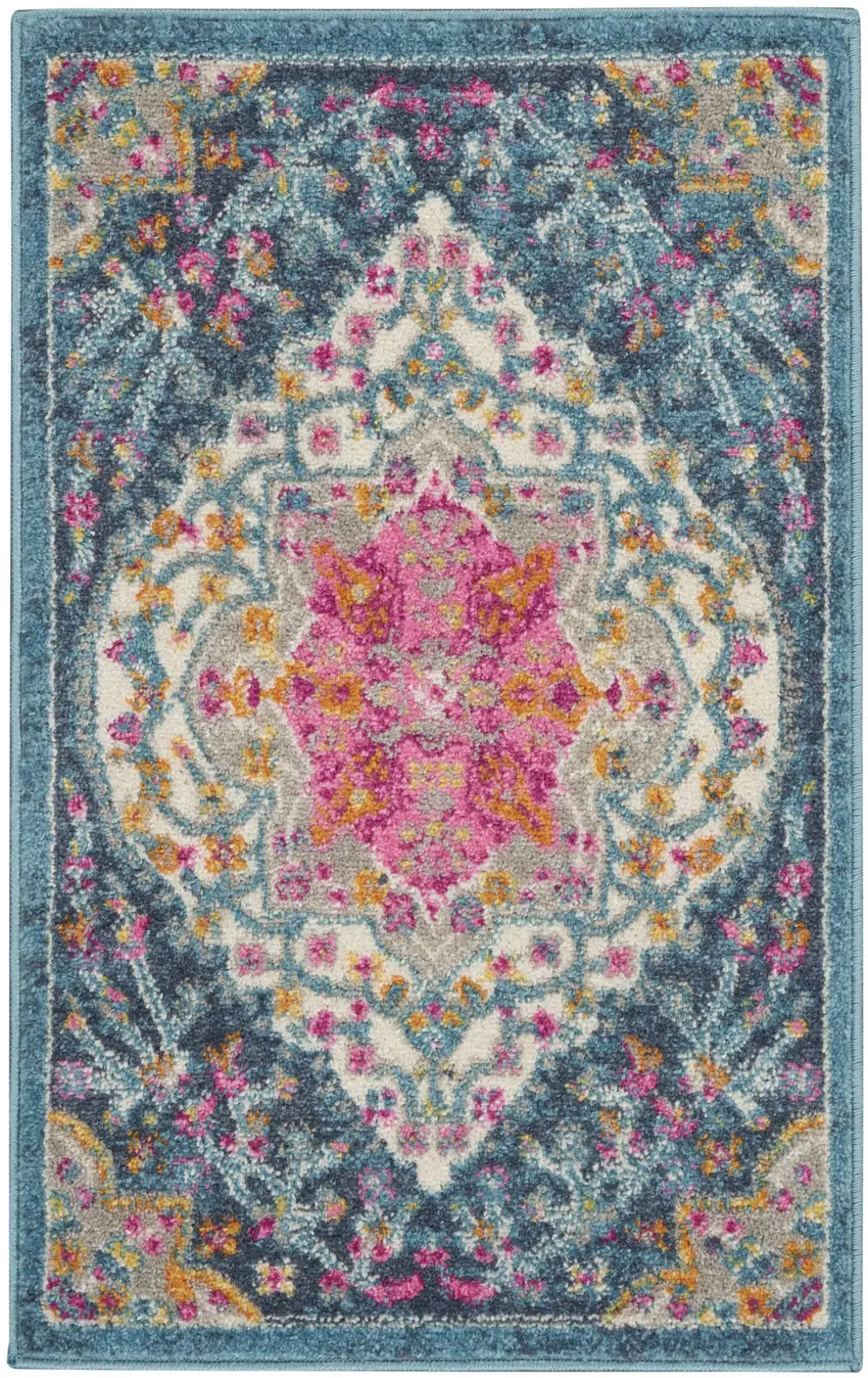 Blue And Ivory Medallion Distressed Area Rug Photo 1