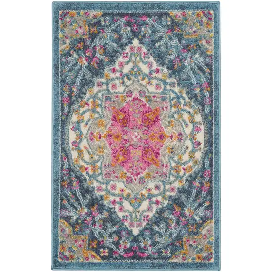 Blue And Ivory Medallion Distressed Area Rug Photo 9
