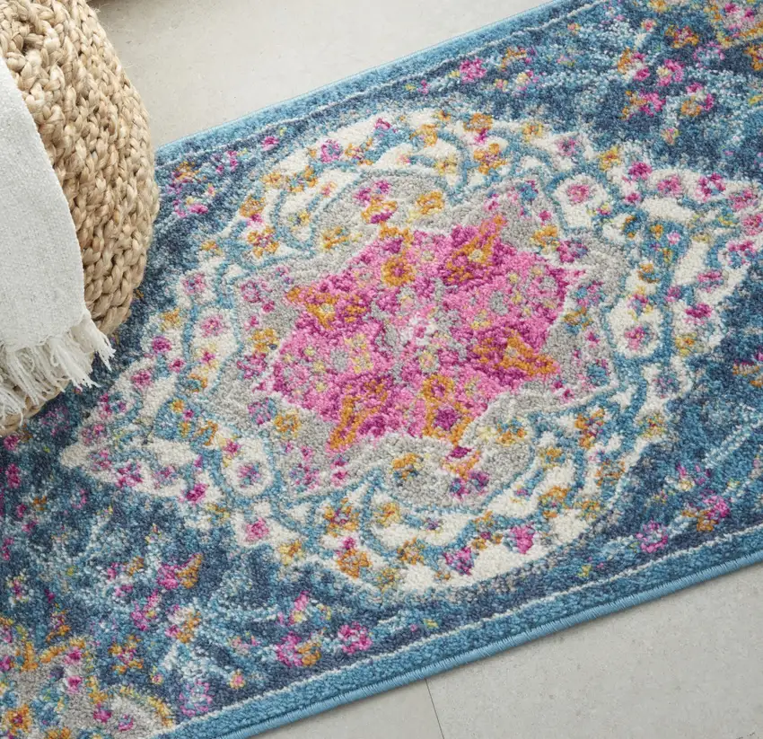Blue And Ivory Medallion Distressed Area Rug Photo 9