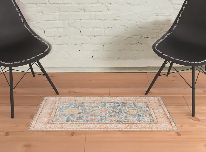 Blue and Pink Oriental Power Loom Distressed Area Rug Photo 5