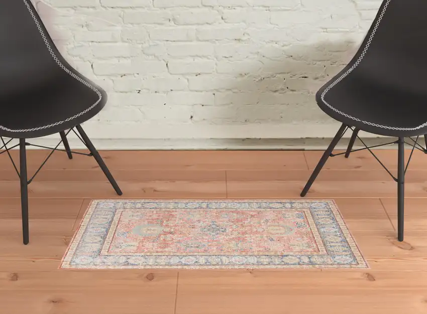 Blue and Pink Oriental Power Loom Distressed Area Rug Photo 2