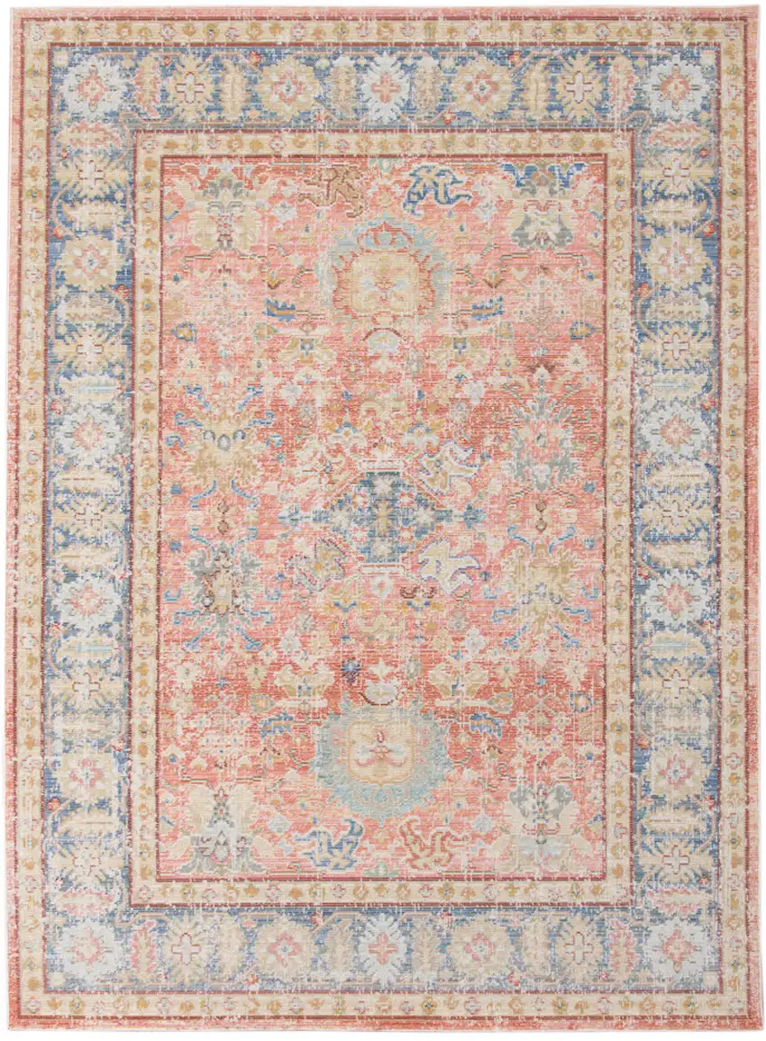 Blue and Pink Oriental Power Loom Distressed Area Rug Photo 1