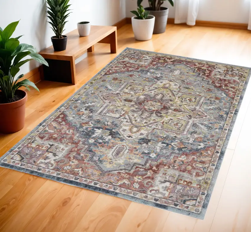 Blue and Red Floral Distressed Area Rug Photo 1