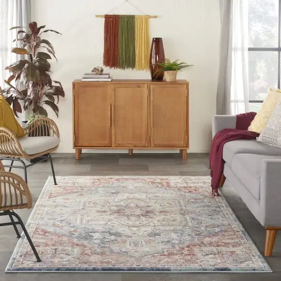 Blue and Red Floral Distressed Area Rug Photo 4