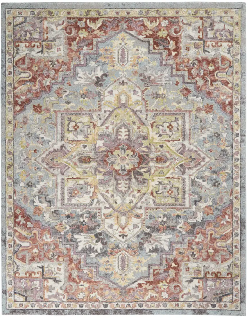 Blue and Red Floral Distressed Area Rug Photo 1