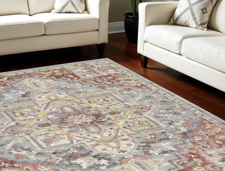 Blue and Red Floral Distressed Area Rug Photo 1