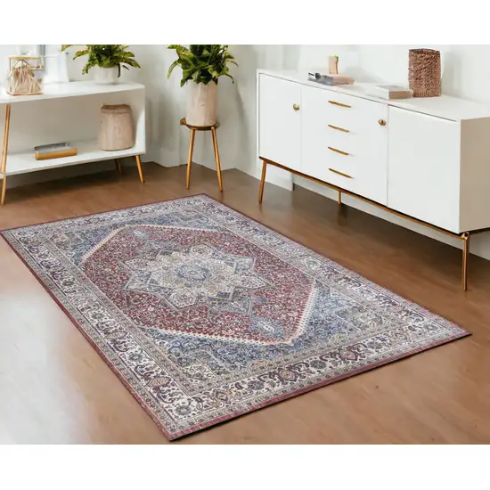 Blue and Red Floral Distressed Non Skid Area Rug Photo 1