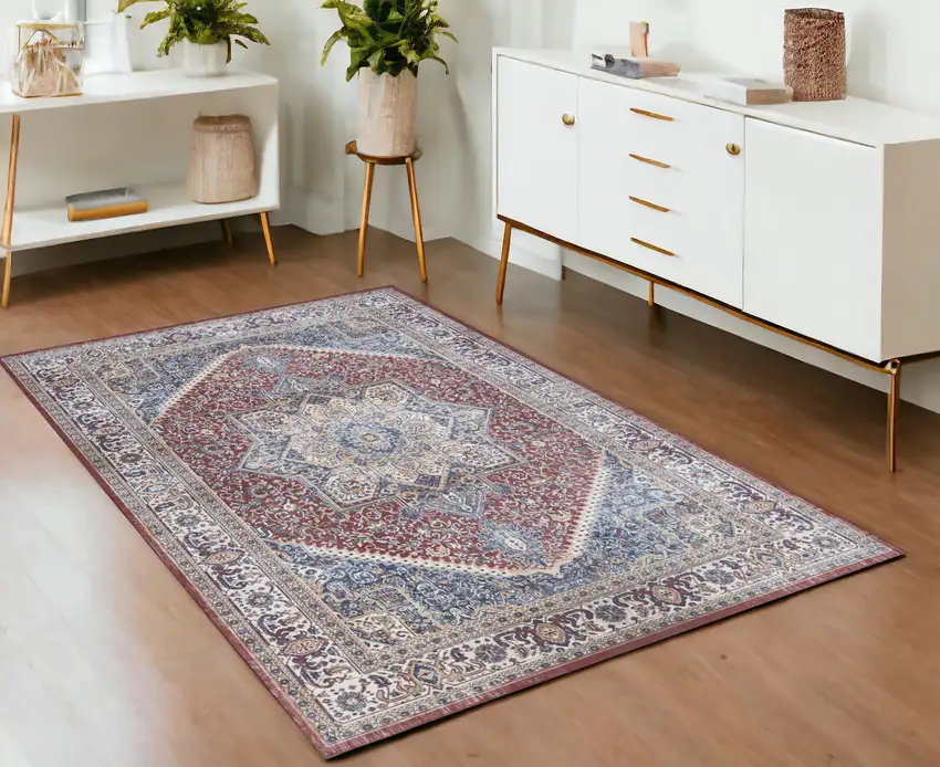 Blue and Red Floral Distressed Non Skid Area Rug Photo 1