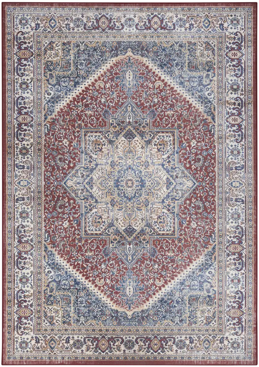 Blue and Red Floral Distressed Non Skid Area Rug Photo 2