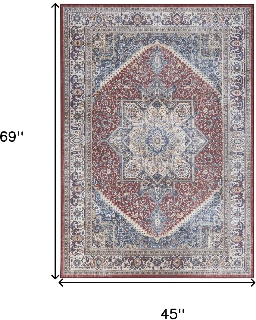 Blue and Red Floral Distressed Non Skid Area Rug Photo 3