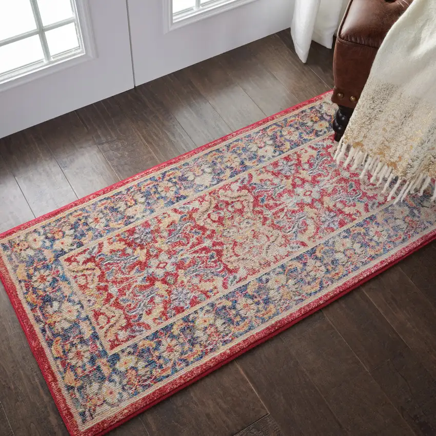 Blue and Red Floral Distressed Non Skid Area Rug Photo 5